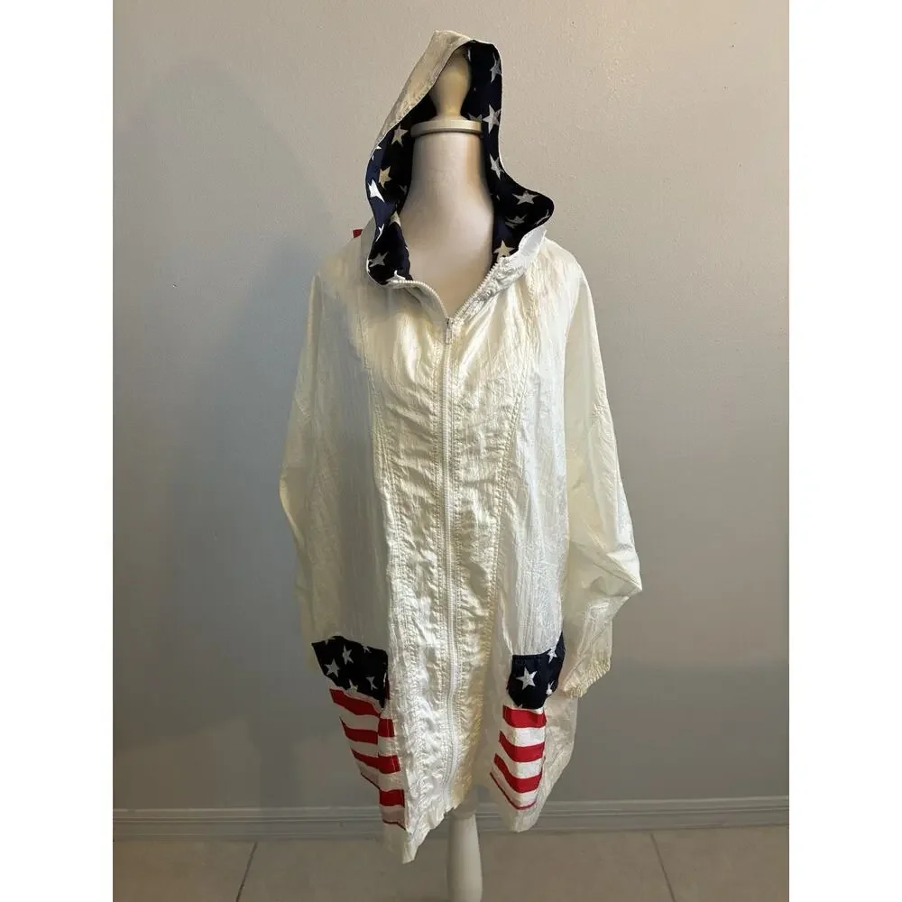 VTG 80s USA Flag Jacket Converts To Backpack Parachute Americana Stars Stripes L